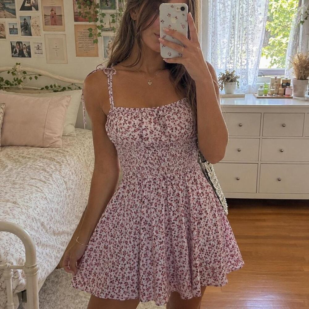 Lush Pink Floral Mini Dress Smocked Waist Tie Strap Cottagecore Small